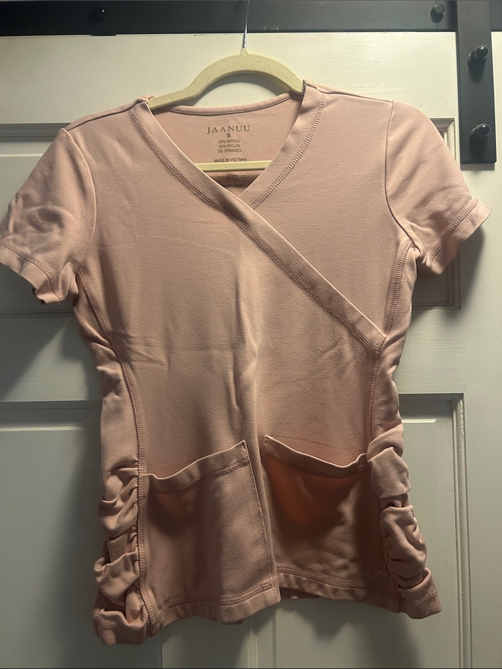 Jaanuu Pale Pink Short Sleeve Scrub Top with Side Ruching - Picture 1 of 3